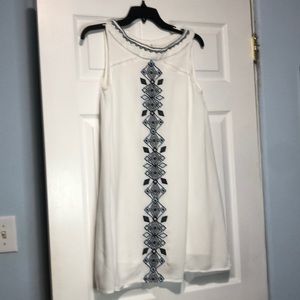 White sundress with blue geometric design